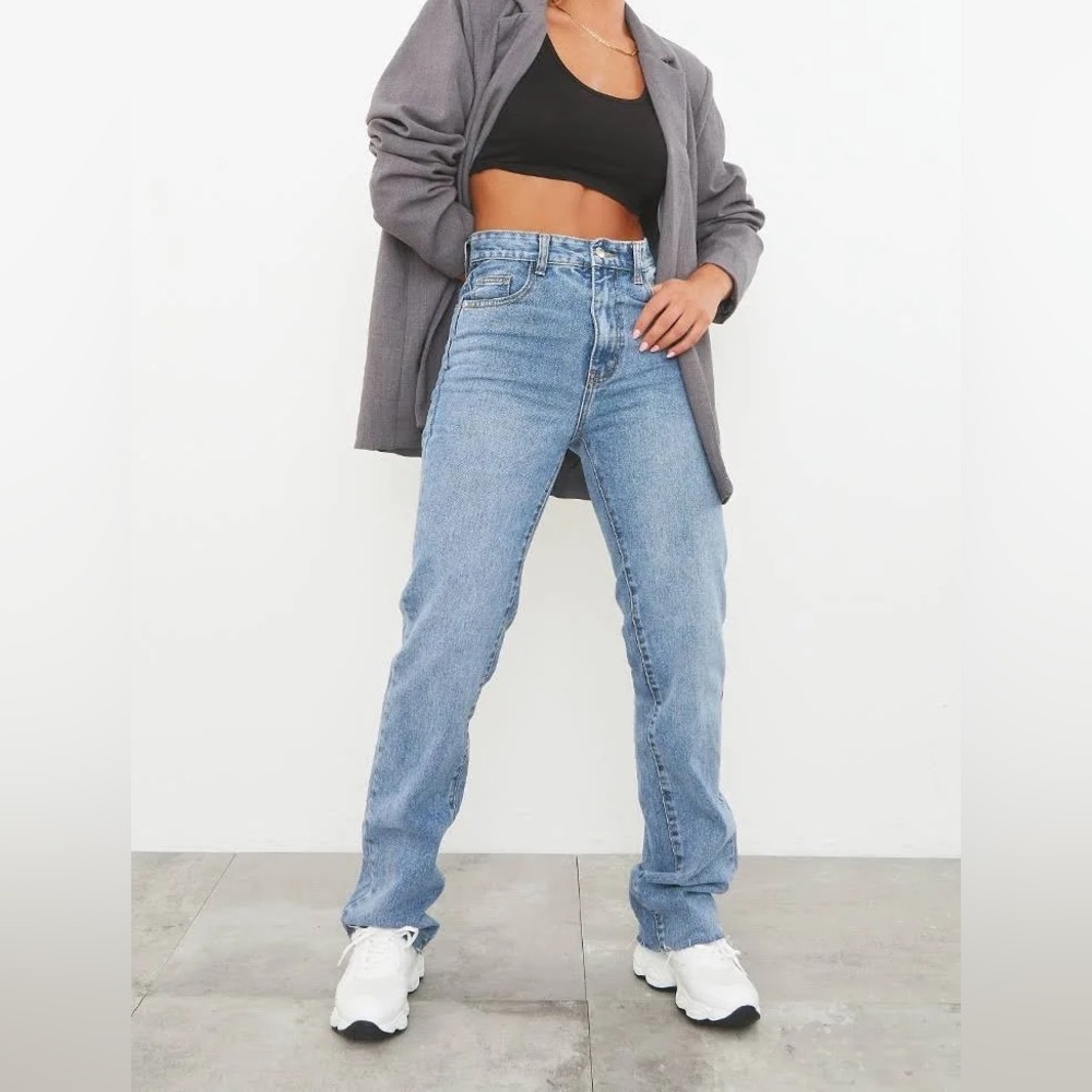 PLT Mid Blue Wash Long Straight Leg Raw Hem Jeans